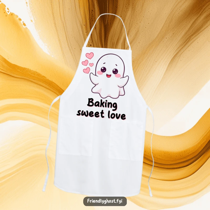 Funny cheerful ghost blowing heart bubbles, featured on a fun and practical apron.