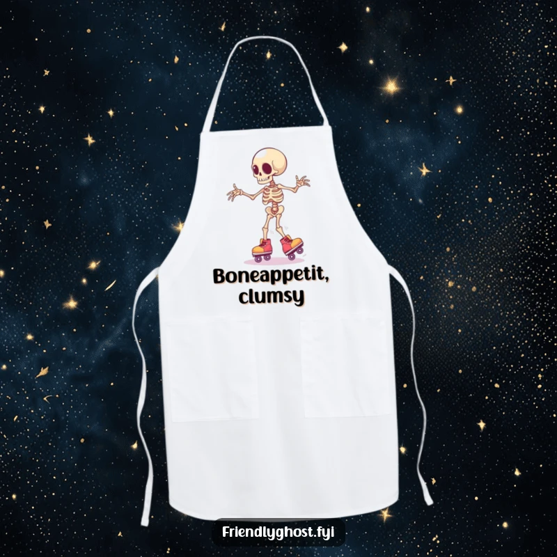 Funny clumsy skeleton limb wearing tiny roller skates, wobbling precariously, a humorous and practical kitchen apron.