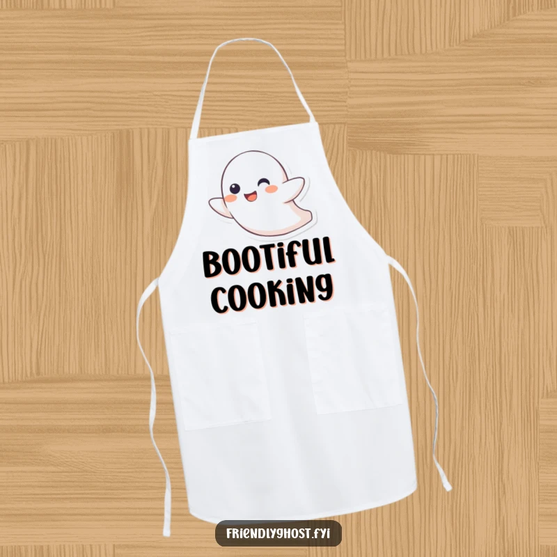 Funny apron featuring a little ghost character joyfully zipping through the air with a playful grin, perfect for a humorous kitchen experience.