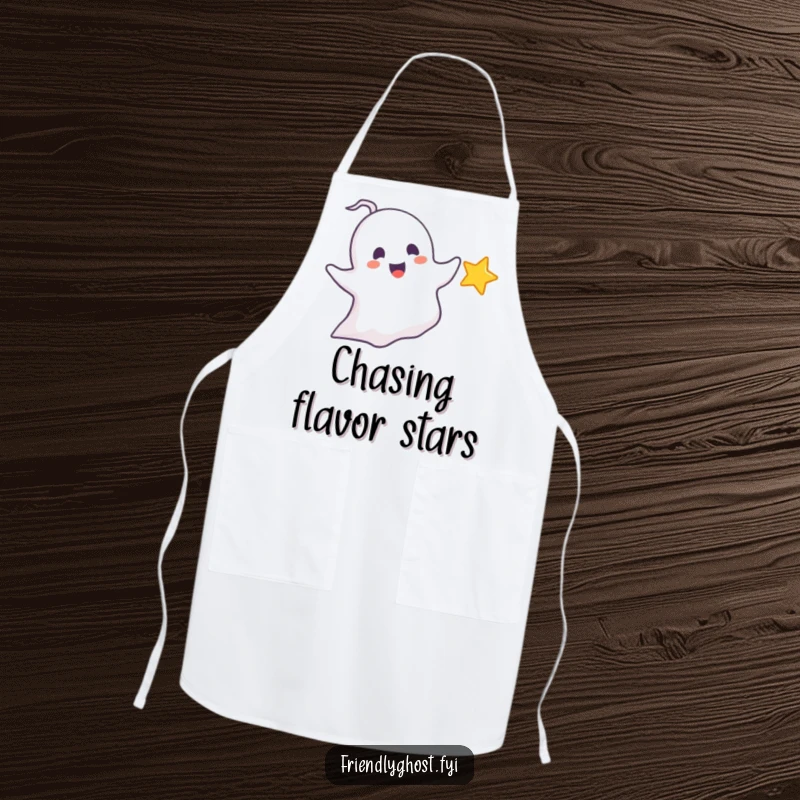 Funny chasing ghost apron with a delighted ghost playfully pursuing a tiny, sparkling star, great for whimsical kitchen fun and funny gifts.