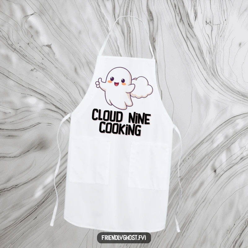 Funny apron with a happy ghost giving cartoonish thumbs up beside a cheerful cloud, designed for a positive cooking experience.
