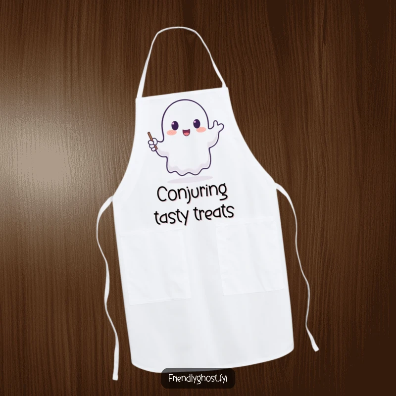 Funny apron with a translucent ghost happily waving a tiny, glowing wand, perfect for a magical cooking experience.