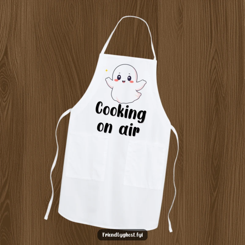 Funny ghost apron showing a happy ghost with twinkling eyes riding a gentle breeze, ideal for kitchen fun.