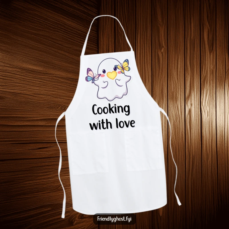 Funny friendly ghost apron with a kind character offering a glowing heart to a butterfly.