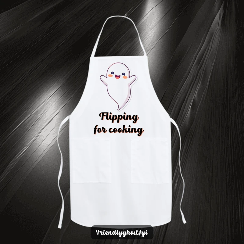Funny upside down ghost apron with a happy, smiling ghost floating inverted, great for quirky kitchen fun and funny gift ideas.