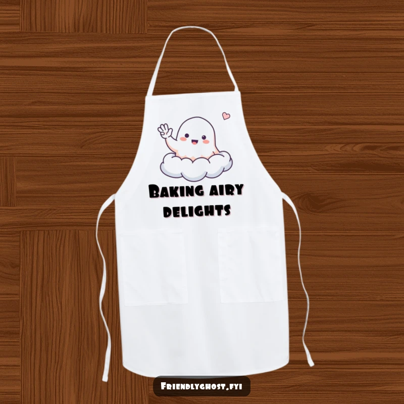 Funny ghost apron with a small, friendly ghost waving from a cloud, perfect for cheerful cooking sessions.