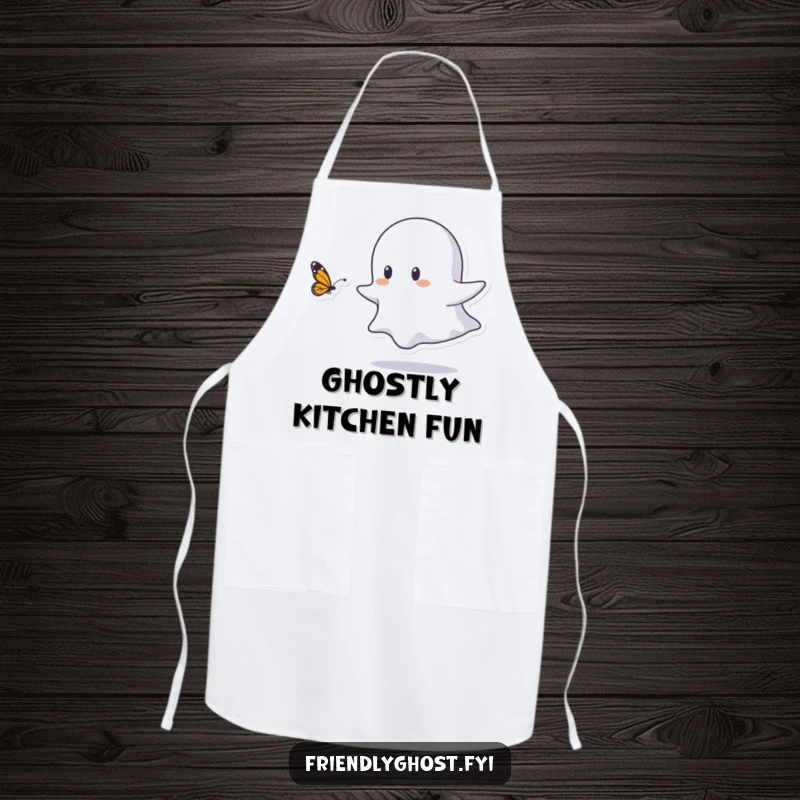 Funny apron illustration of a small ghost character playfully chasing a butterfly, bringing delightful charm and whimsy to kitchen attire.