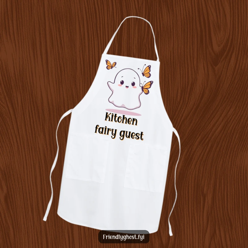 Funny apron showing a ghost's shocked expression as a butterfly lands on it, a humorous and practical item for cooking.