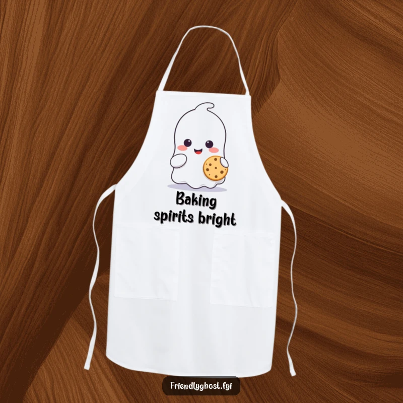 Funny ghost character apron, smiling and sharing a tiny cookie, perfect for a cute and funny kitchen experience.