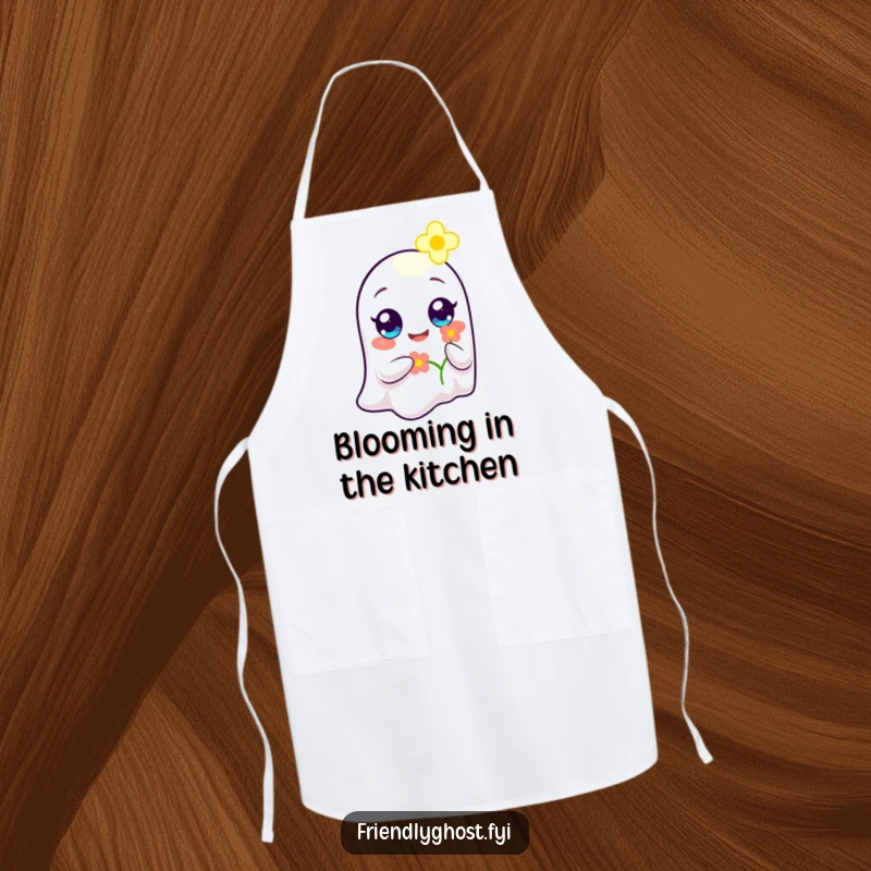 Funny Ghost Flower Bearer Apron: A happy ghost with wide eyes offers a glowing flower, adding a touch of kindness to kitchen tasks.
