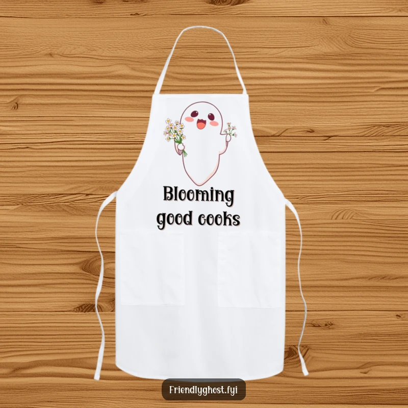 Funny delighted ghost floating upwards holding a bouquet of tiny flowers, featured on a fun and practical apron.