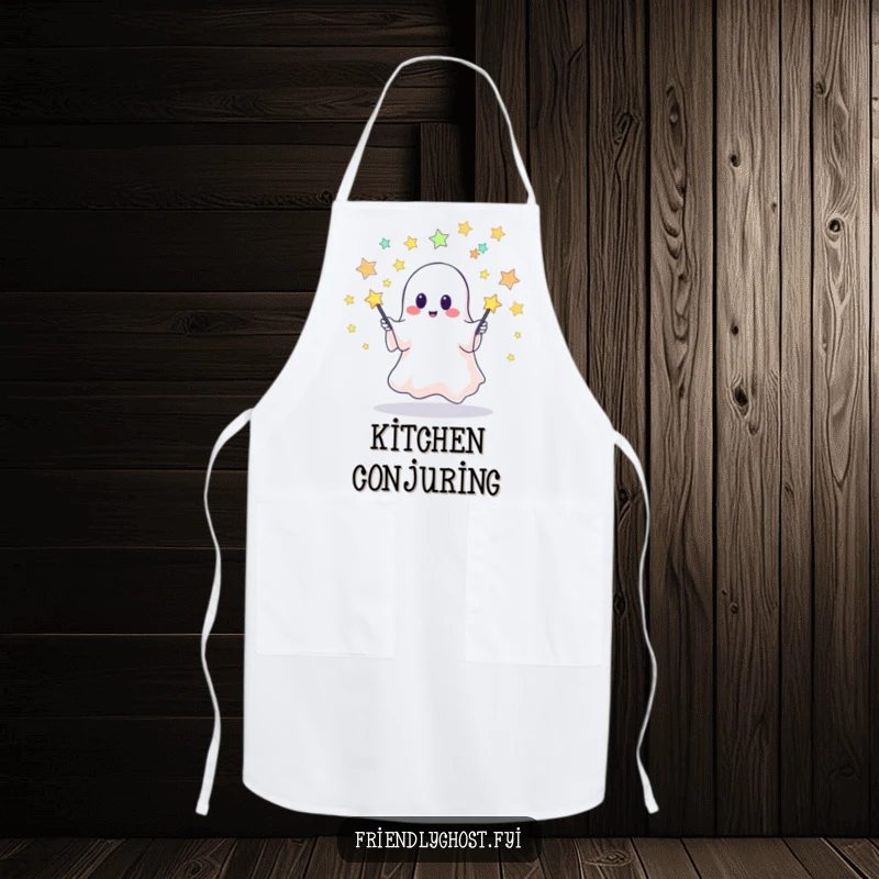 Funny apron showcasing a cute ghost hilariously juggling pins made of tiny stars, perfect for adding spooky fun to kitchen tasks.