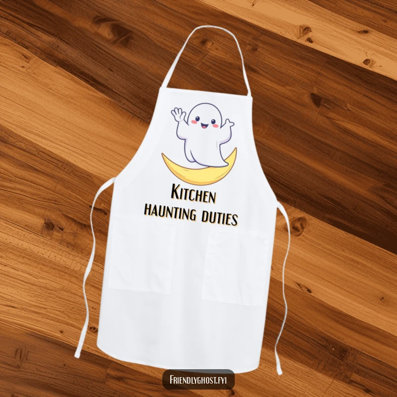 Funny apron showing a cute ghost waving from a crescent moon, a humorous and practical item for cooking and baking.