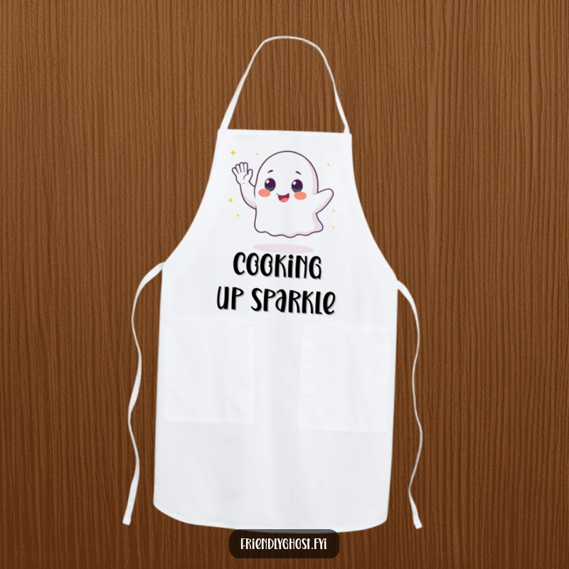 Funny ghost apron showing a waving character leaving a trail of sparkling dust, ideal for adding magical humor to cooking.