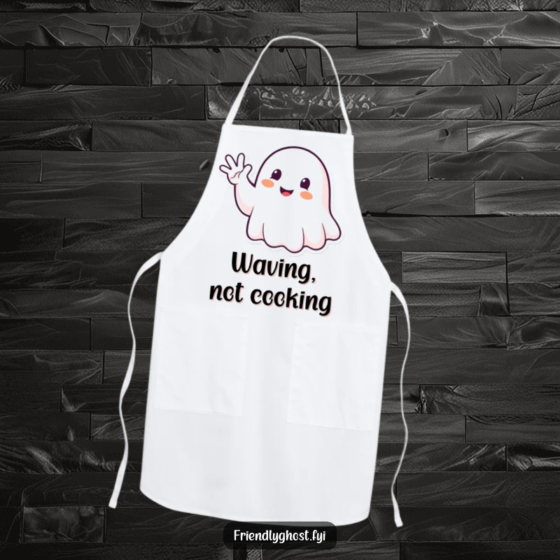 Funny Ghost Waving Apron: Happy spirit waving enthusiastically, perfect for friendly and humorous cooking.