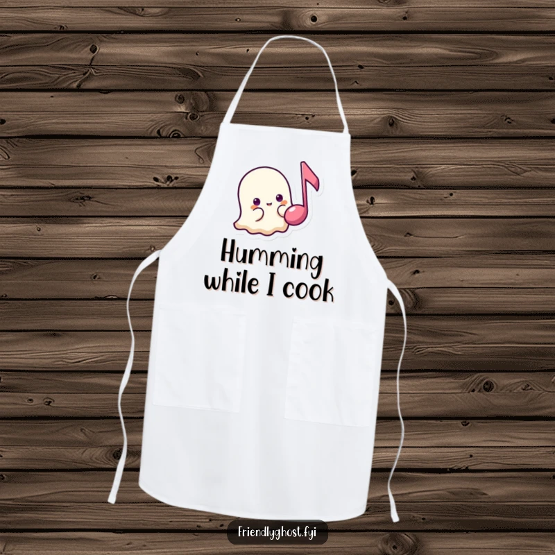 Funny shy ghost music apron with a timid ghost peeking from behind a floating music note, great for gentle kitchen fun and funny gifts.