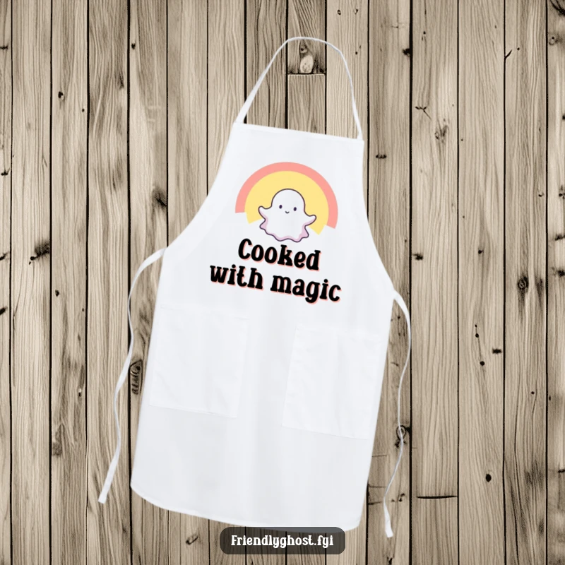 Funny apron featuring a tiny ghost joyfully floating through a radiant rainbow, perfect for kitchen spectral adventures and chef flair.