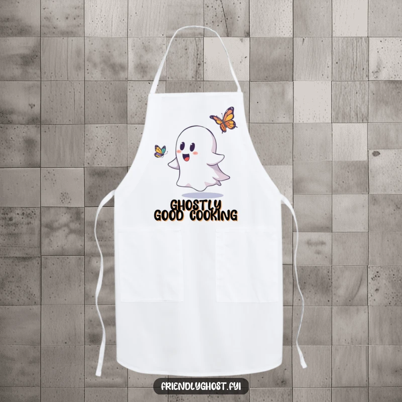 Funny ghost apron showing a playful ghost chasing a butterfly, ideal for kitchen fun and protecting clothes with humor.