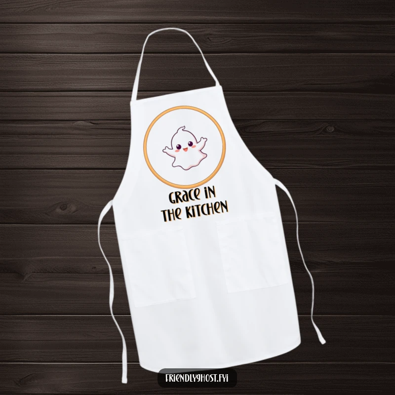 Funny ghost apron illustrating a playful ghost mastering a hoop trick, perfect for kitchen adventures with a smile.