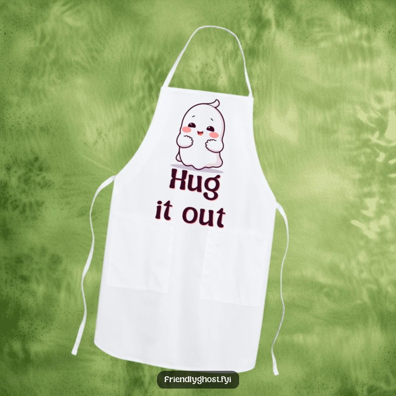 Funny ghost hug apron featuring a cheerful character giving a comforting hug, a humorous and practical kitchen accessory gift.