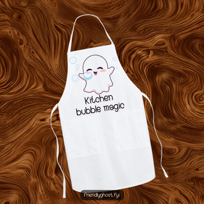 Funny apron showing a friendly ghost playfully blowing bubbles, ideal for adding humor to cooking and kitchen activities.