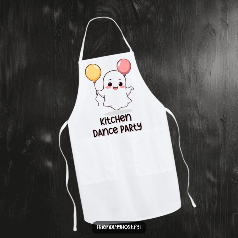 Funny giggling ghost apron with a silly character dancing happily, holding a balloon.