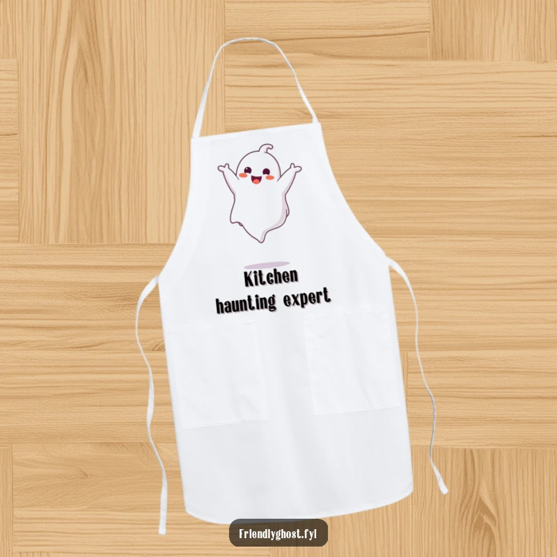 Funny ghost character doing a somersault while wearing an apron, adding spectral humor to kitchen tasks, a delightful gift.