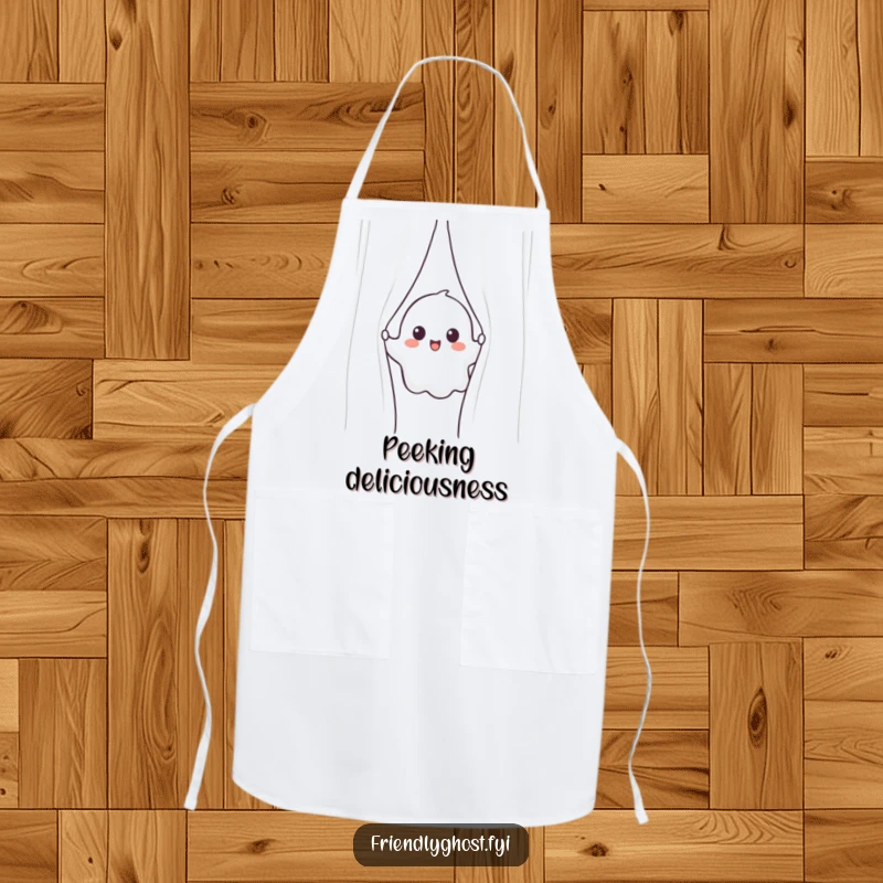 Funny ghost apron showing a cheerful ghost peeking from behind a shimmering curtain, ideal for adding humor to cooking.