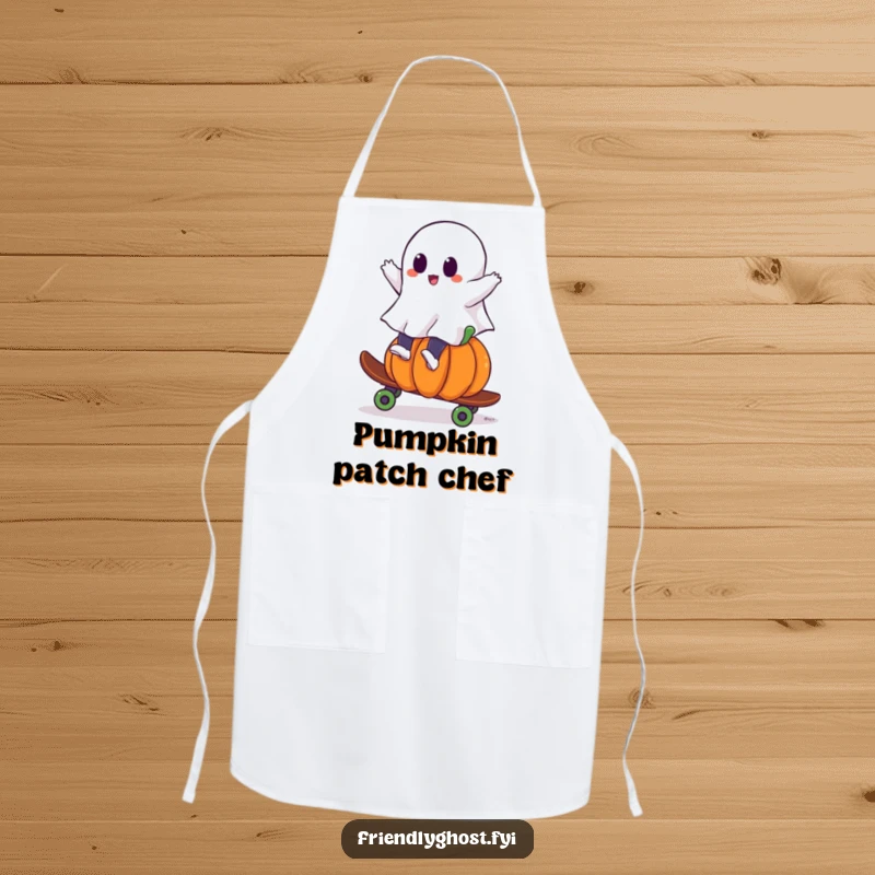 Funny ghost apron showing a ghost riding a pumpkin skateboard, perfect for culinary adventures with a spooky twist.
