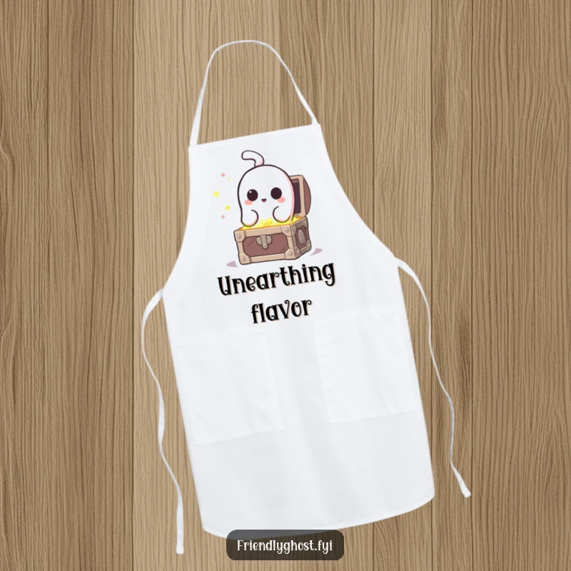 Funny curious ghost peeking into a sparkling treasure chest, featured on a fun and practical apron.