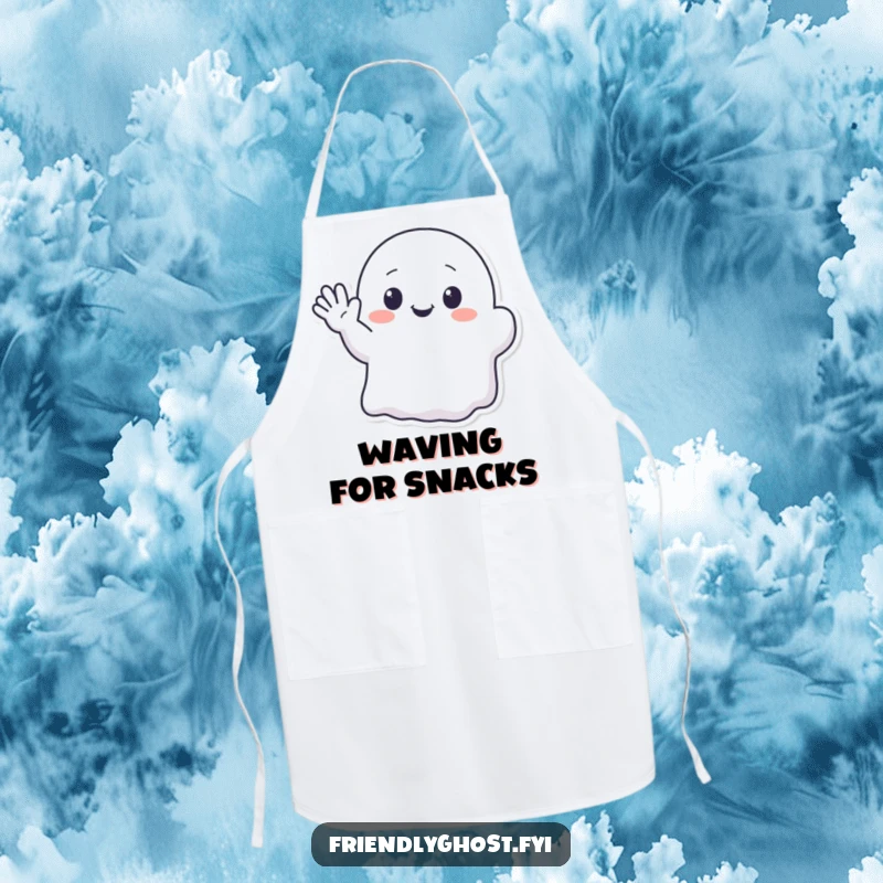 Funny apron adorned with a kawaii ghost character enthusiastically waving with a friendly, translucent hand.