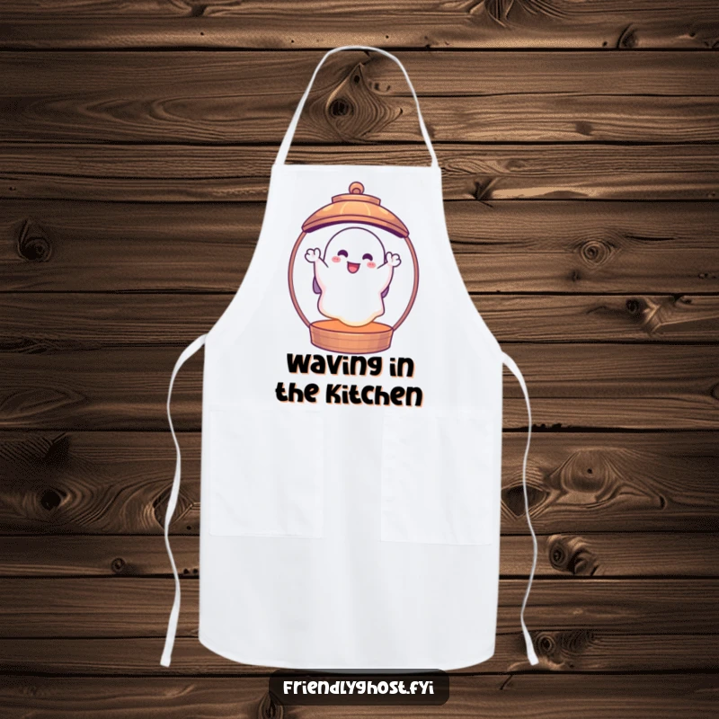 Funny ghost lantern apron with a cheerful ghost waving from inside a glowing lantern, perfect for spooky-themed cooking and funny gift ideas.
