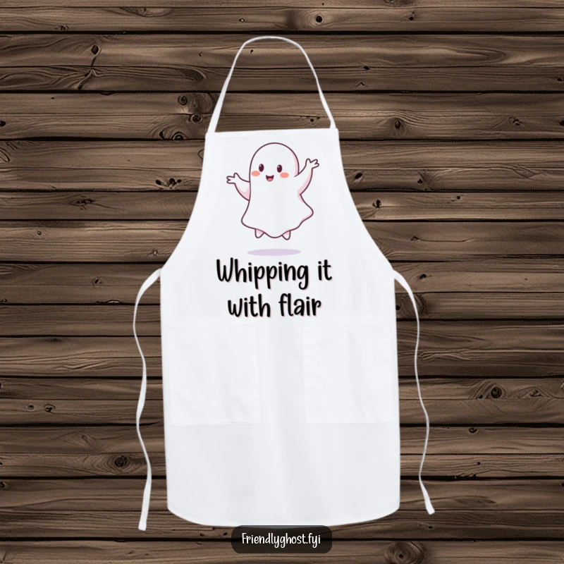 Funny ghost apron, a specter performing a charming pirouette, adding flair to kitchen tasks.