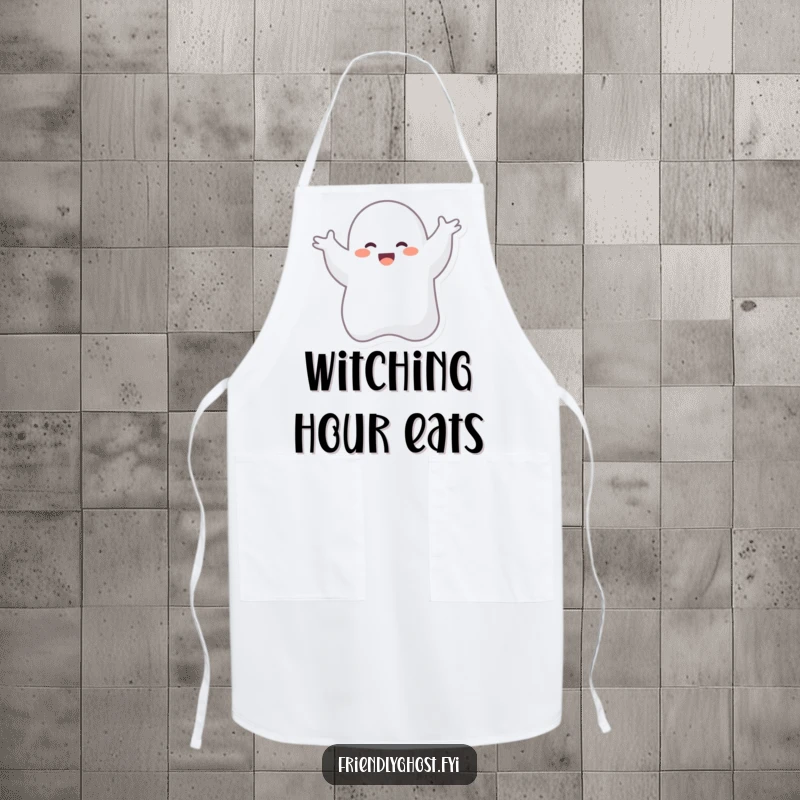 Funny apron featuring a giggling ghost character doing a silly dance, ready to add spectral fun and protection to any cooking session.