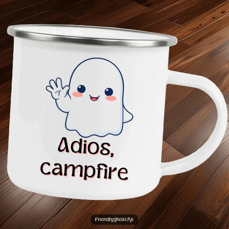 Funny ghost camping mug showing a happy, friendly ghost waving goodbye, designed for outdoor use and carrying humor.