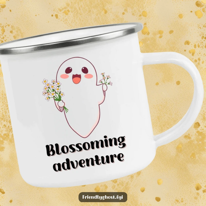 Funny delighted ghost floating upwards holding a bouquet of tiny flowers, on a rugged camping mug.