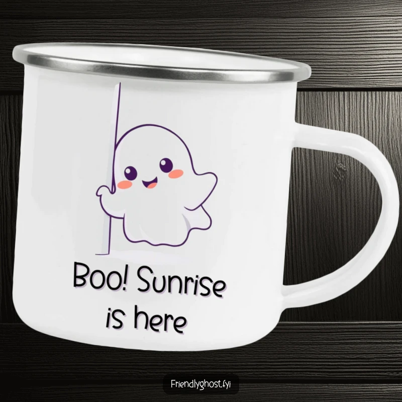Funny ghost camping mug, a smiling spirit peeking over the rim, perfect for outdoor brews.