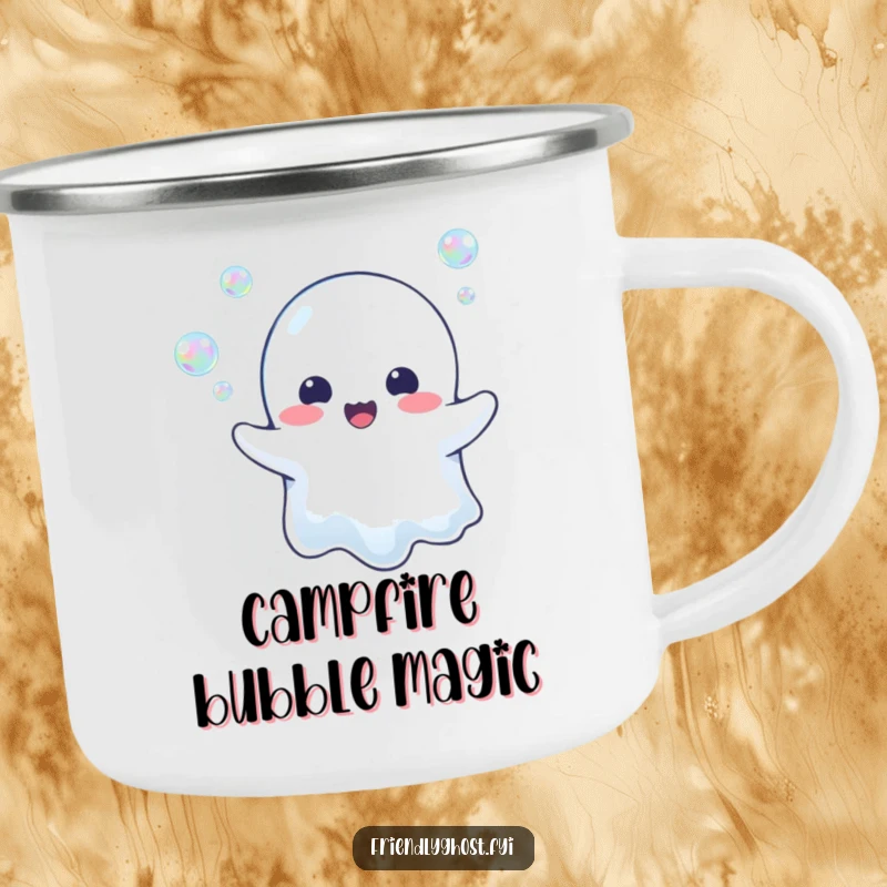 Funny Ghost Bubble Blower Camping Mug: A happy ghost joyfully blows iridescent bubbles, perfect for outdoor enjoyment and humorous sips.