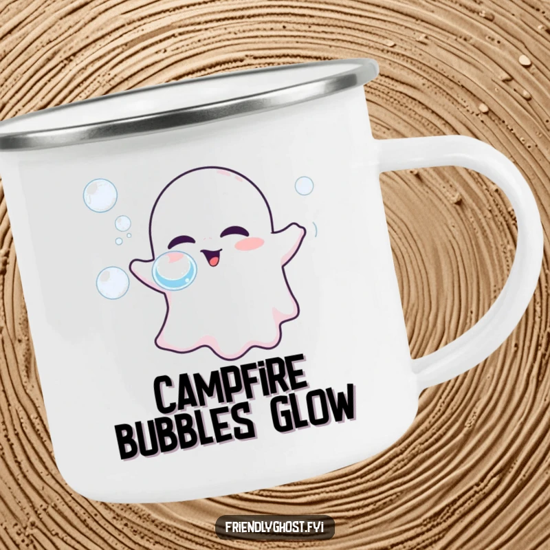 Funny camping mug showing a friendly ghost blowing bubbles, perfect for outdoor fun and adding a touch of whimsy.
