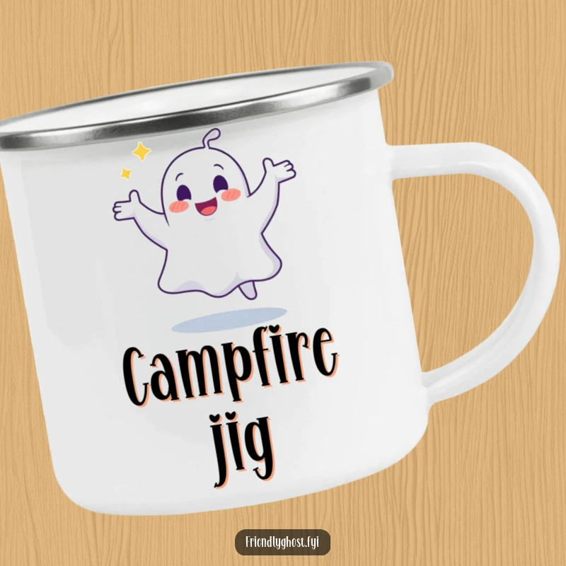 Funny camping mug featuring a joyful ghost doing a silly, wobbly dance, ready for spectral outdoor dance parties.