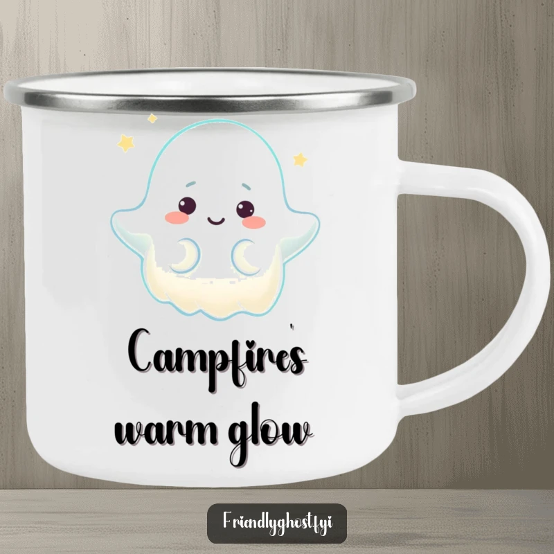 Funny camping mug illustration of a ghost character emitting a warm, comforting glow with a gentle expression, perfect for peaceful outdoor enjoyment.