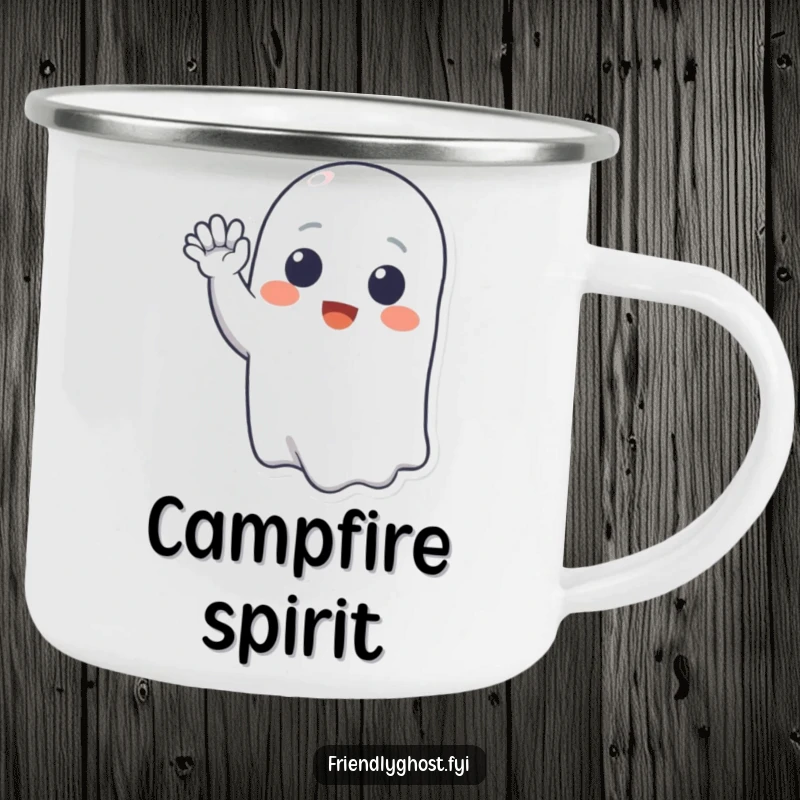 Funny camping mug showing a smiling ghost character waving a friendly hello, perfect for enjoying drinks in the great outdoors.
