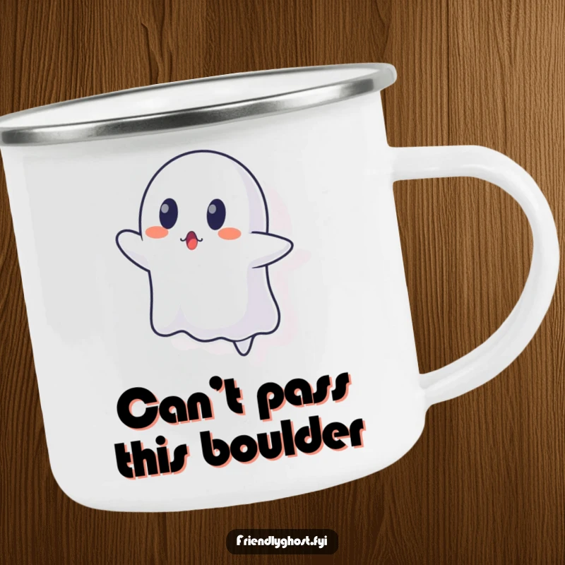 Funny ghost camping mug with a ghost character looking surprised, failing to float through a wall.
