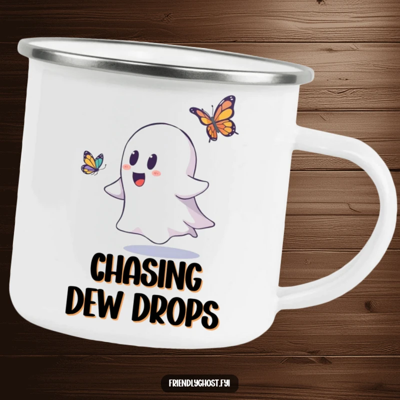 Funny ghost camping mug depicting a playful ghost chasing a butterfly, great for outdoor adventures and coffee lovers.