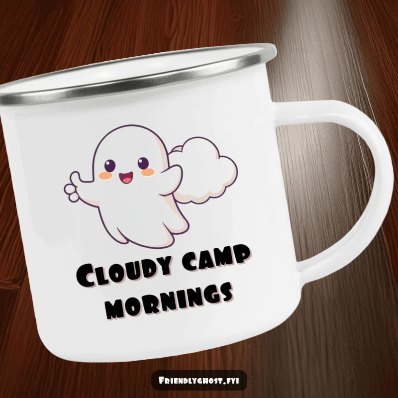 Funny camping mug with a happy ghost giving cartoonish thumbs up beside a cheerful cloud, perfect for enjoying cheerful drinks outdoors.