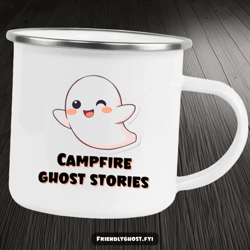 Funny enamel camping mug with a little ghost character joyfully zipping through the air with a playful grin, perfect for adventurous humor.