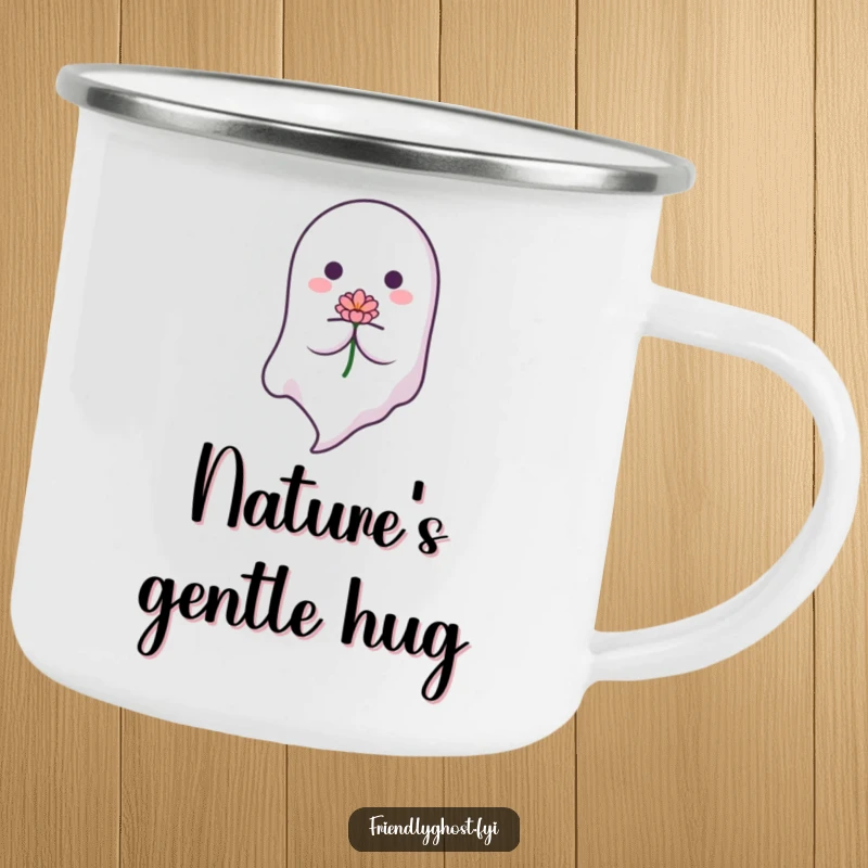 Funny Gentle Ghost Camping Mug: A peaceful ghost floats down with a flower on this rugged mug. A beautiful and funny gift for campers.