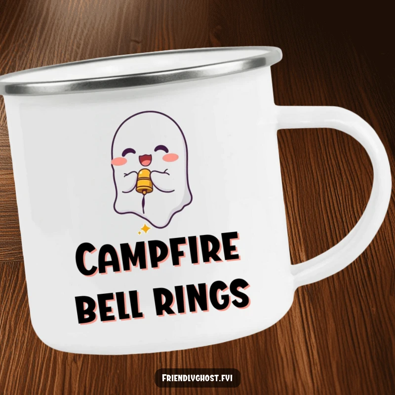 Funny Ghost Bell Ringer Camping Mug: Delighted spirit ringing a small bell, perfect for cheerful outdoor humor.