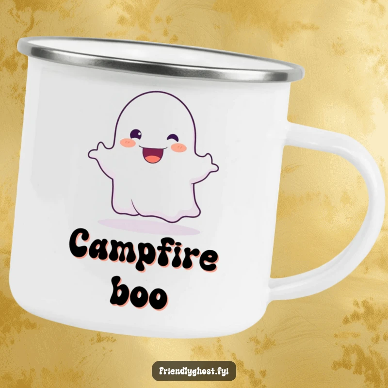 Funny camping mug illustrating a friendly ghost character playfully booing with a wide, infectious, happy grin around a campfire.