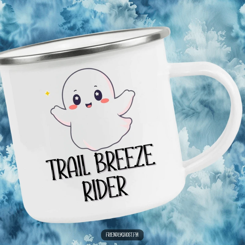 Funny ghost camping mug with a happy ghost riding a gentle breeze, perfect for outdoor drinks and joy.